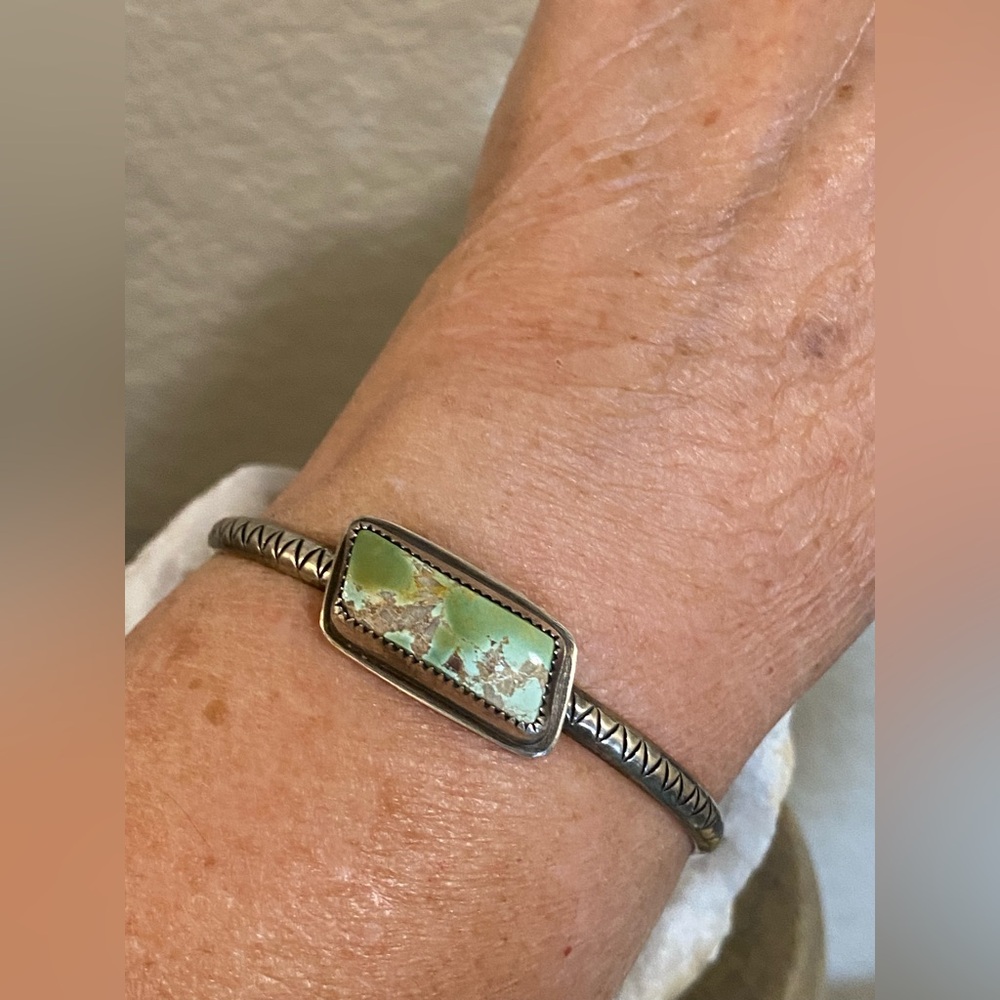 Sterling Pilot Mountain Turquoise Stamped Stacker Cuff - Picture 7 of 7